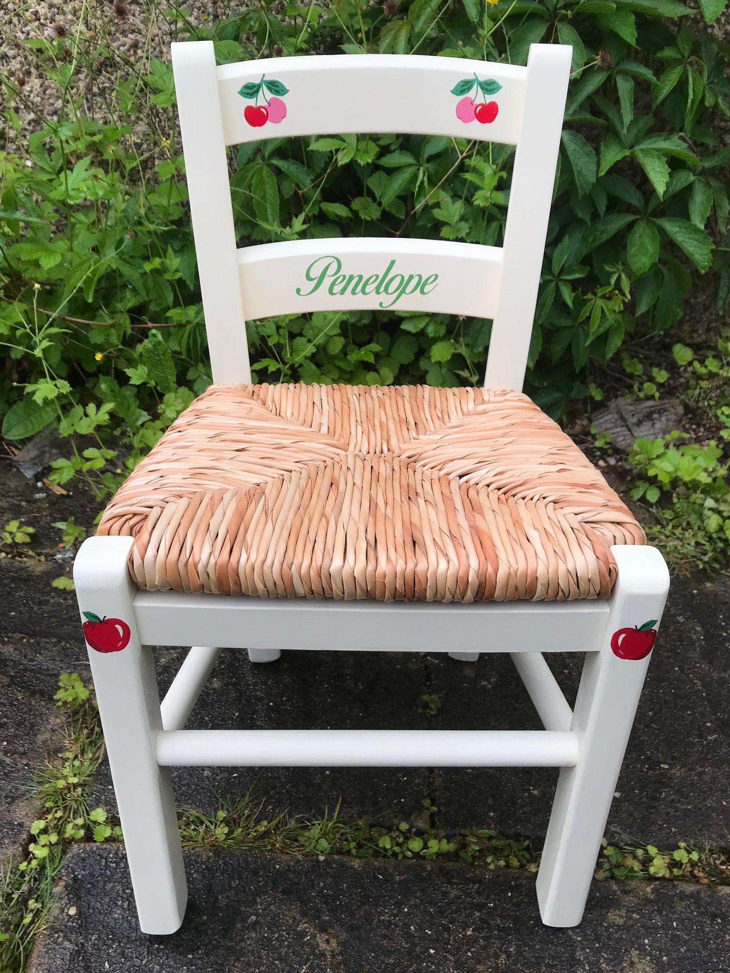 Rush seat personalised children's chair - Cherry and Apple theme theme - made to order