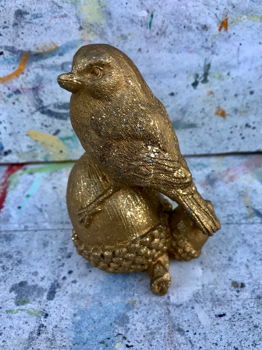 Vintage style glitter gold bird  Christmas decoration - free standing on acorn