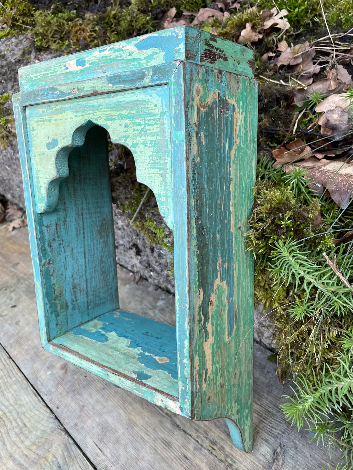 Antique wooden Indian single wall shelf with original paintwork