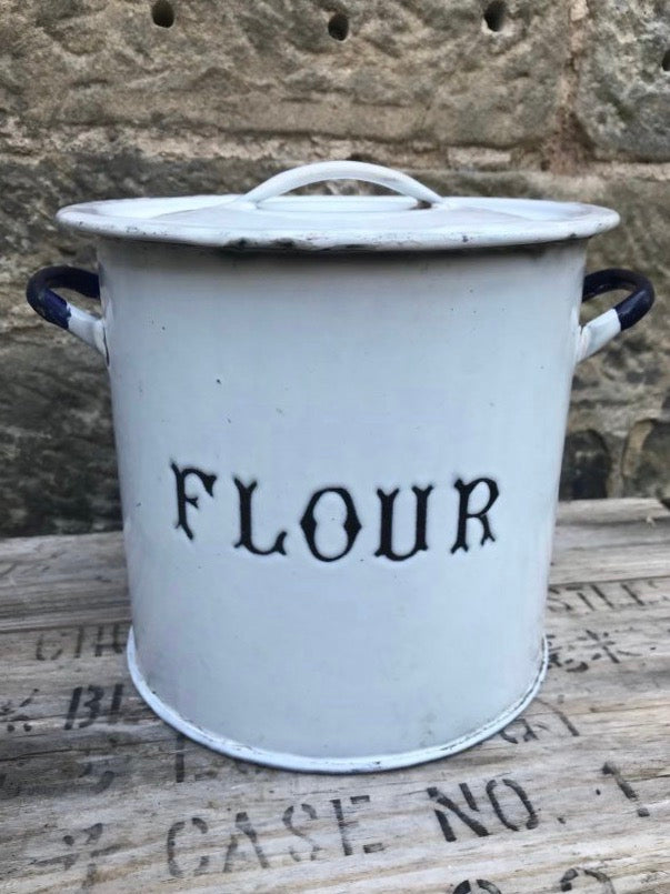 Lovely vintage blue and white enamel flour canister