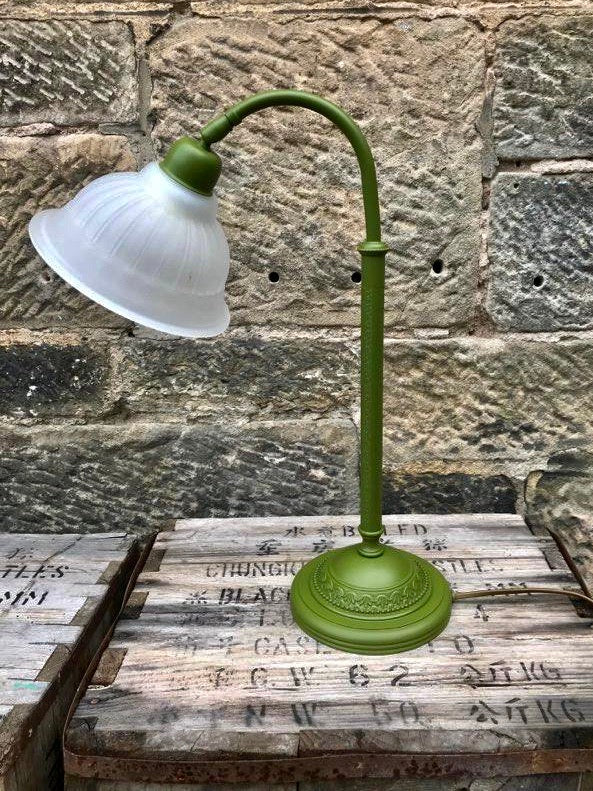 Vintage metal table lamp painted in olive green