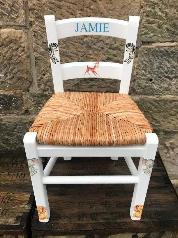 Rush seat personalised children's chair - cute retro animals theme - made to order