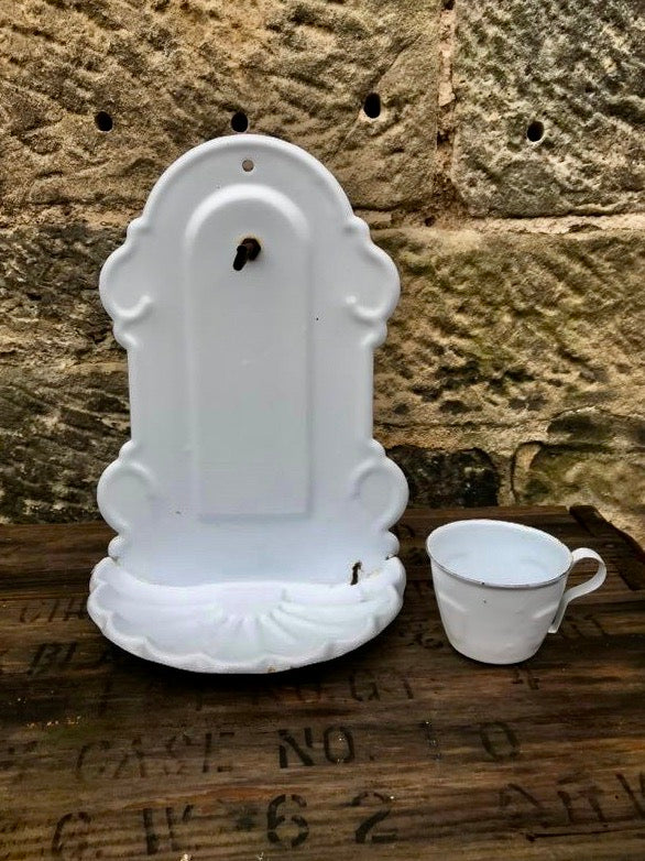 Rustic French farmhouse enamel wall hanging soapdish and cup