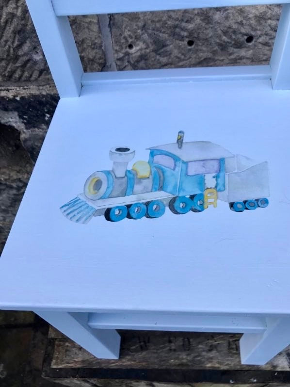 Commission for Lyndsay - painted school chair with train theme