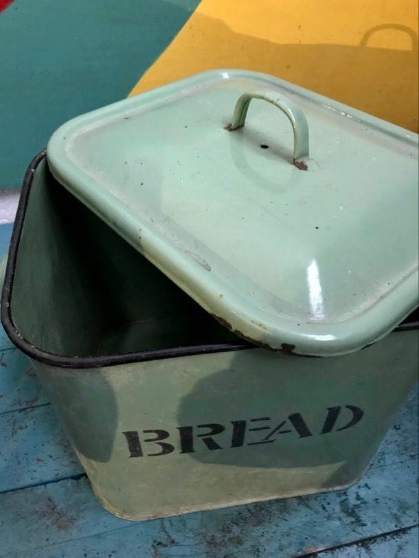 Gorgeous big vintage green and black enamel bread bin