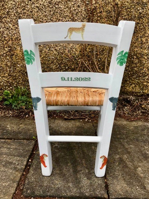 Rush seat personalised children's chair - Flamingo Friends theme - made to order