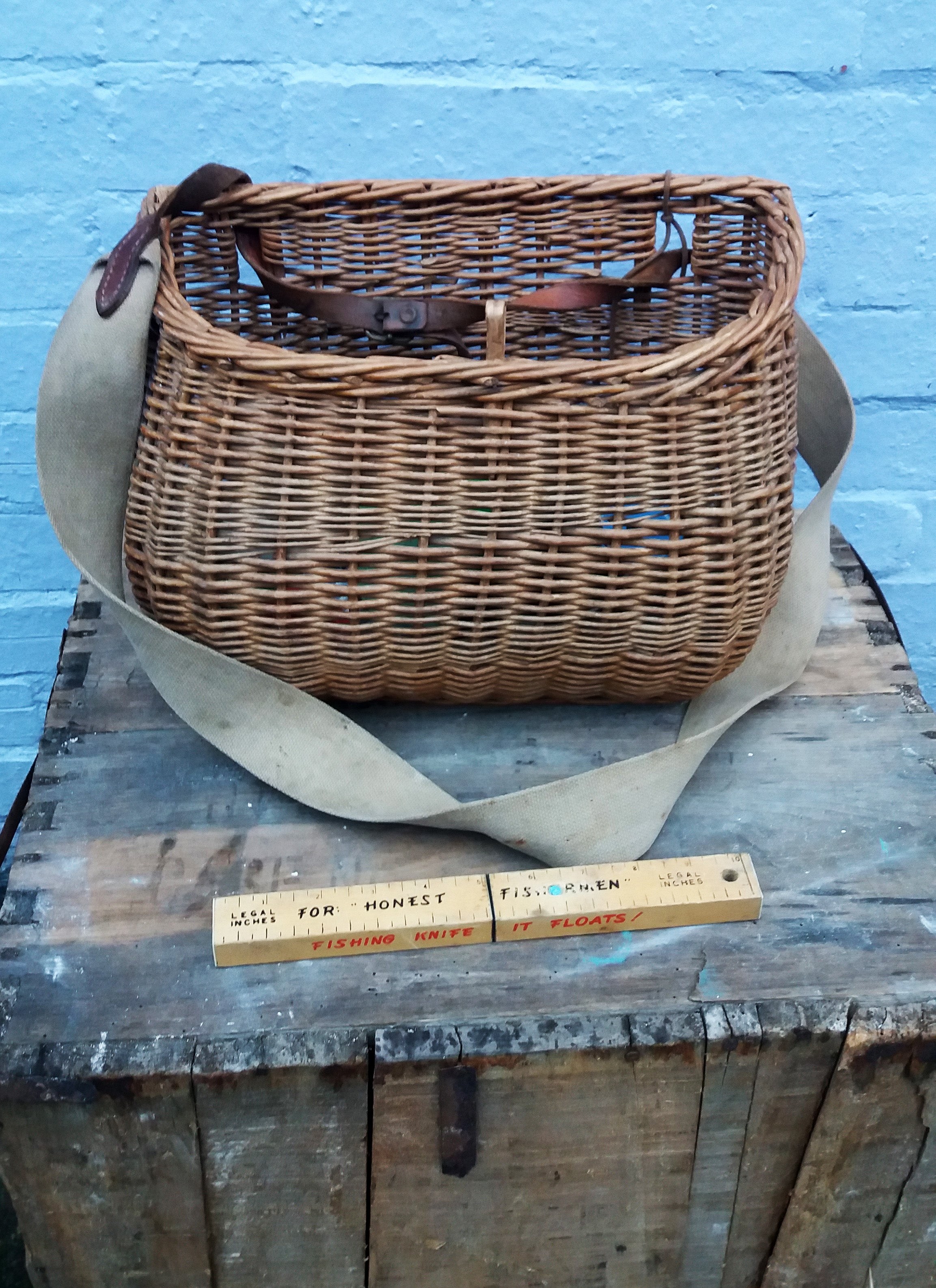 Beautiful rustic vintage wicker fisherman's basket with original strap –  Emily Rose Vintage