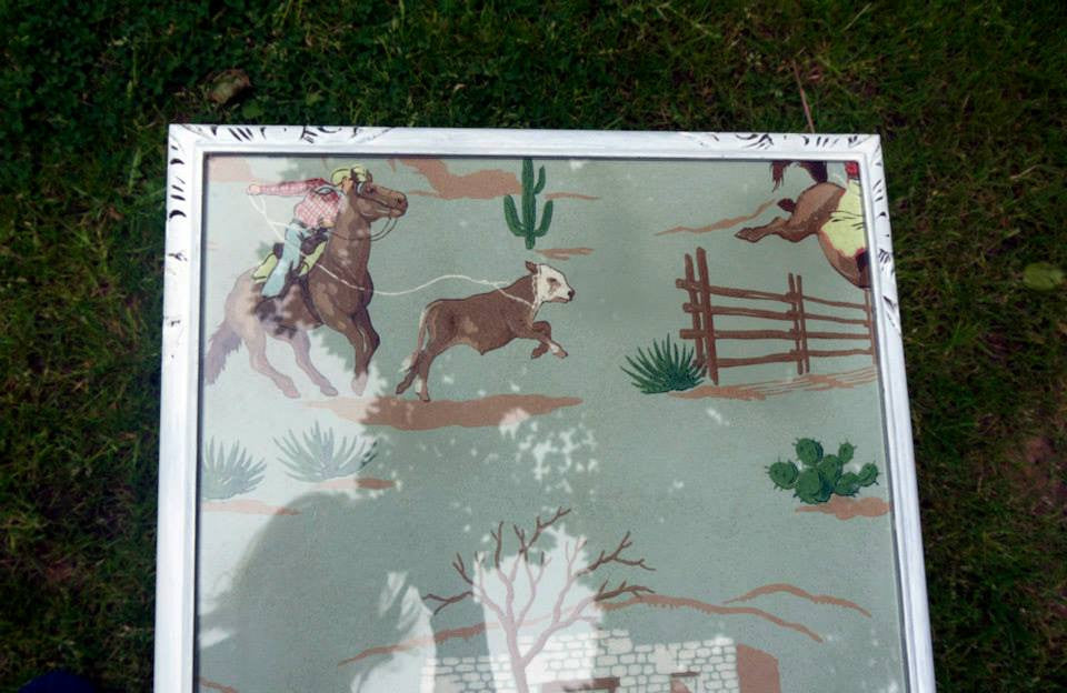 Vintage coffee table with 1940's original hand painted cowboy wallpaper