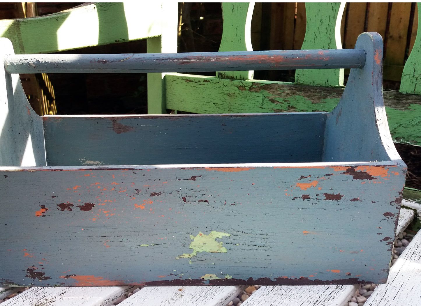 Chippy vintage style painted wooden trug in layers of Miss Mustard Seed Milk Paint
