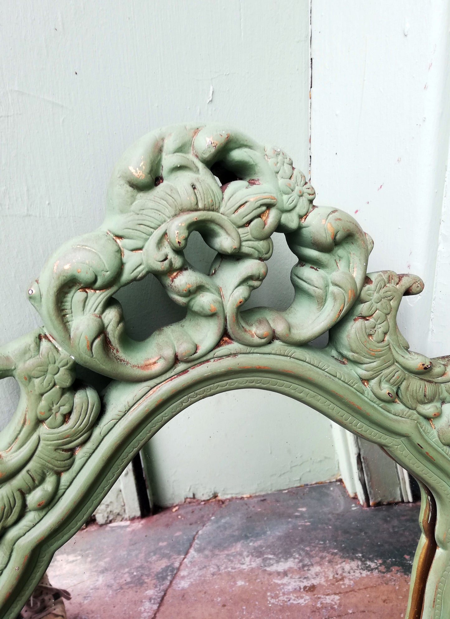 Chunky ornate gold mirror painted in an Olive Green antique finish