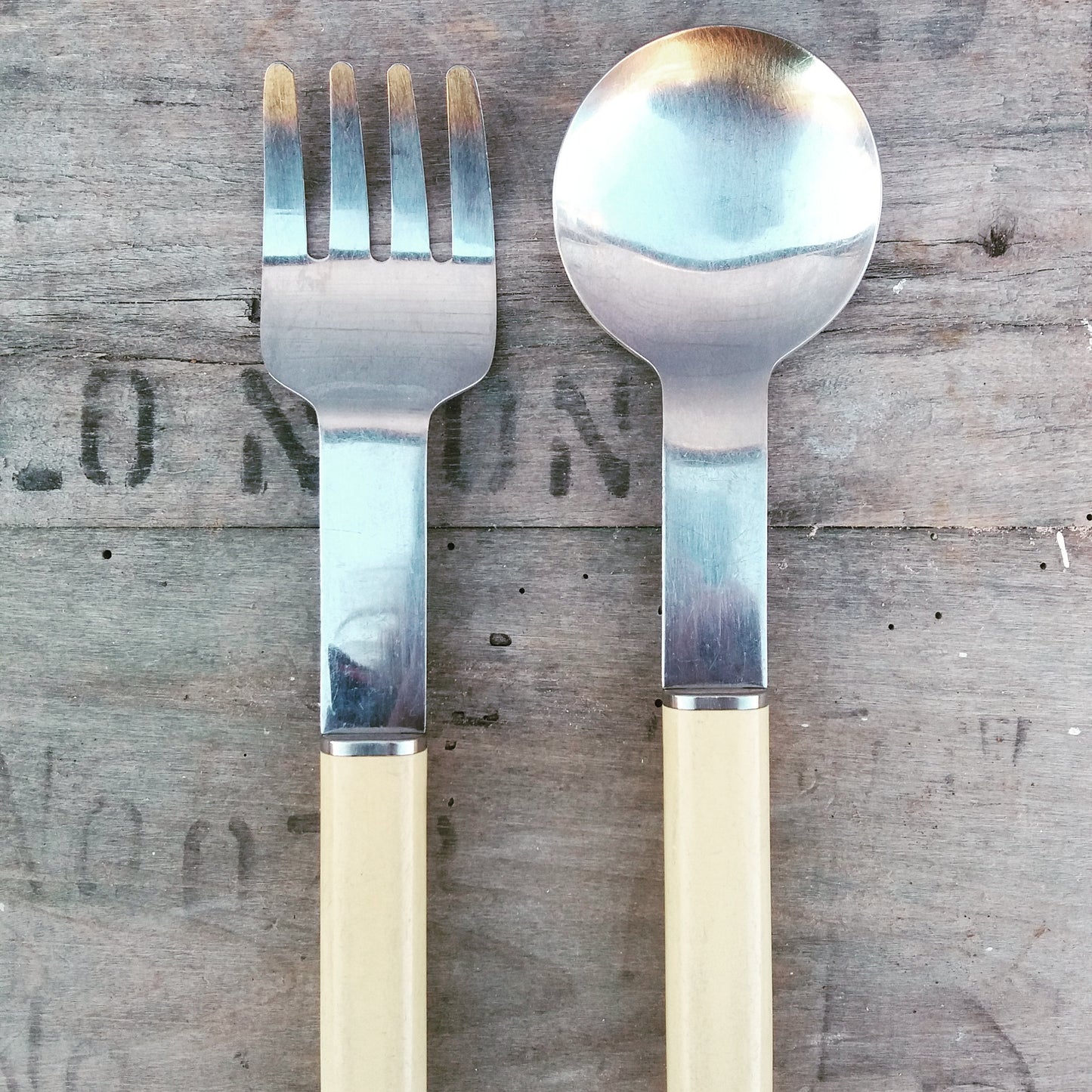 Gorgeous set of mid century 1970's stainless steel salad servers