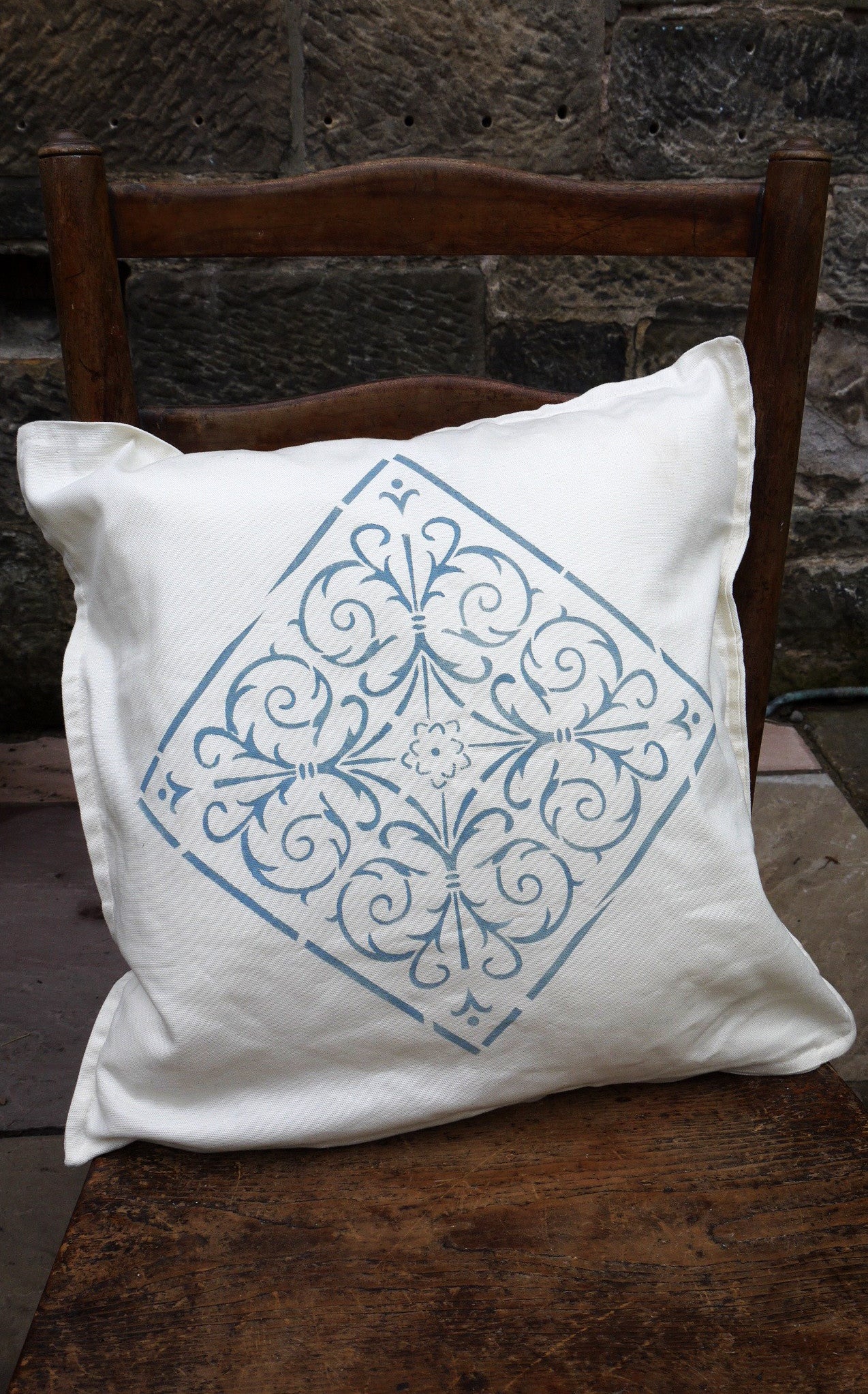 Hand stencilled linen cushion cover - chouce of 4 designs and you can choose any fusion mineral paint colour for the design