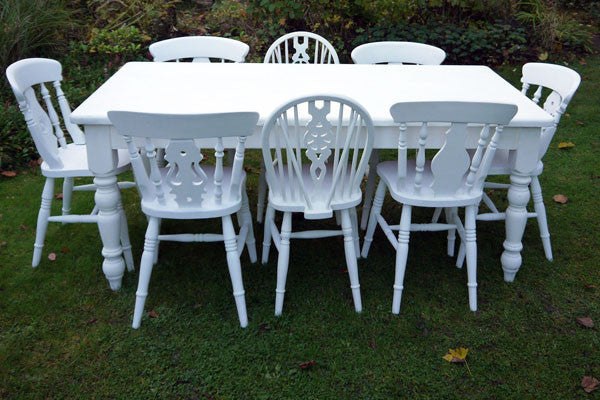 Refurbished shabby chic farmhouse vintage dining table and 8 mismatched dining chairs in white