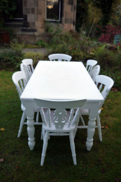 Refurbished shabby chic farmhouse vintage dining table and 8 mismatched dining chairs in white