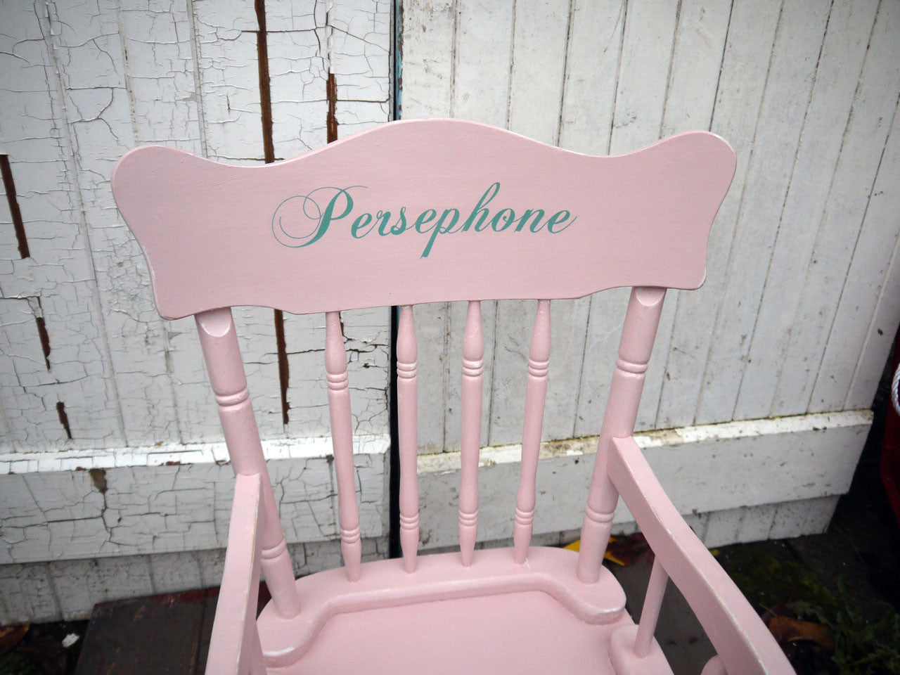 Custom listing for Alice Children's upcycled wooden rocking chair in Rose Pink Autentico with name Persephone Authentico Antique Turquoise by Emily Rose Vintage