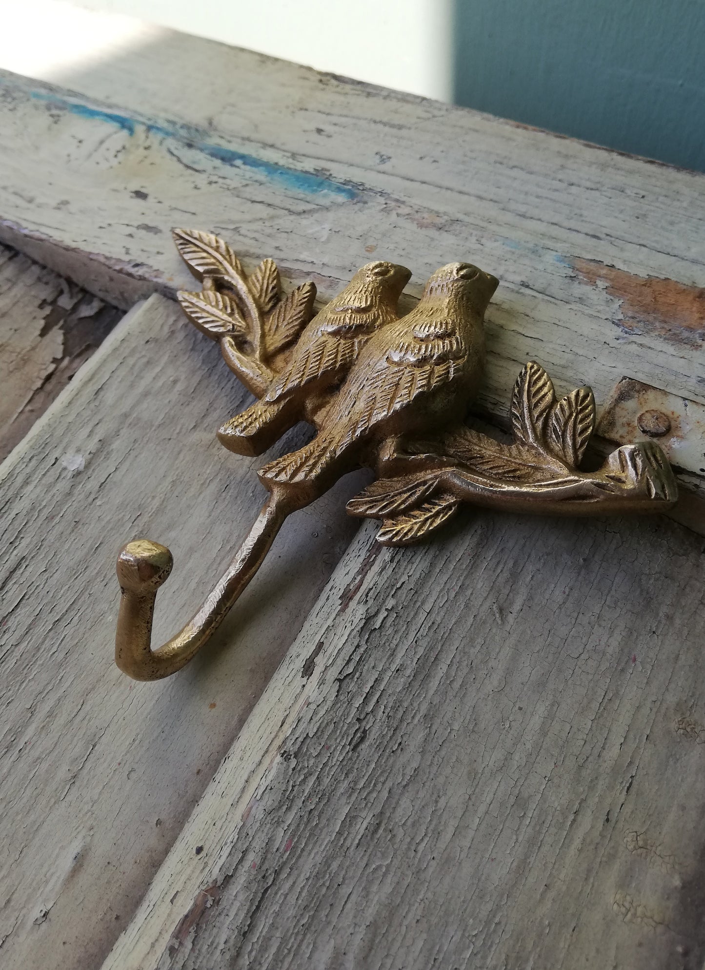 Handmade Vintage style Brass Wall Hook of two bird figurines sitting on a branch