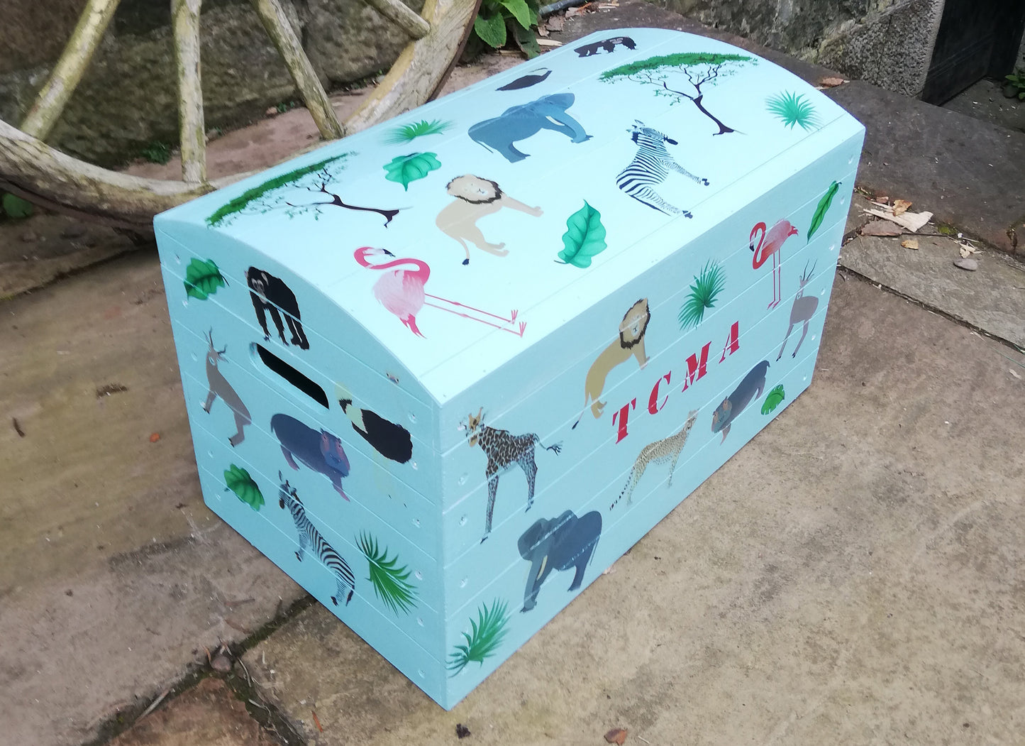 Children's personalised wooden storage chest / trunk with Jungle theme