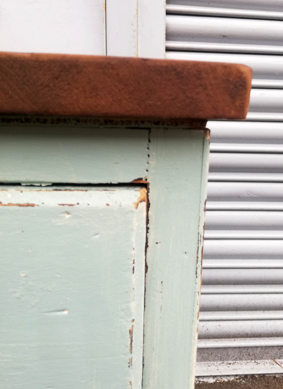 Rustic industrial set of drawers painted in a soft duck egg blue