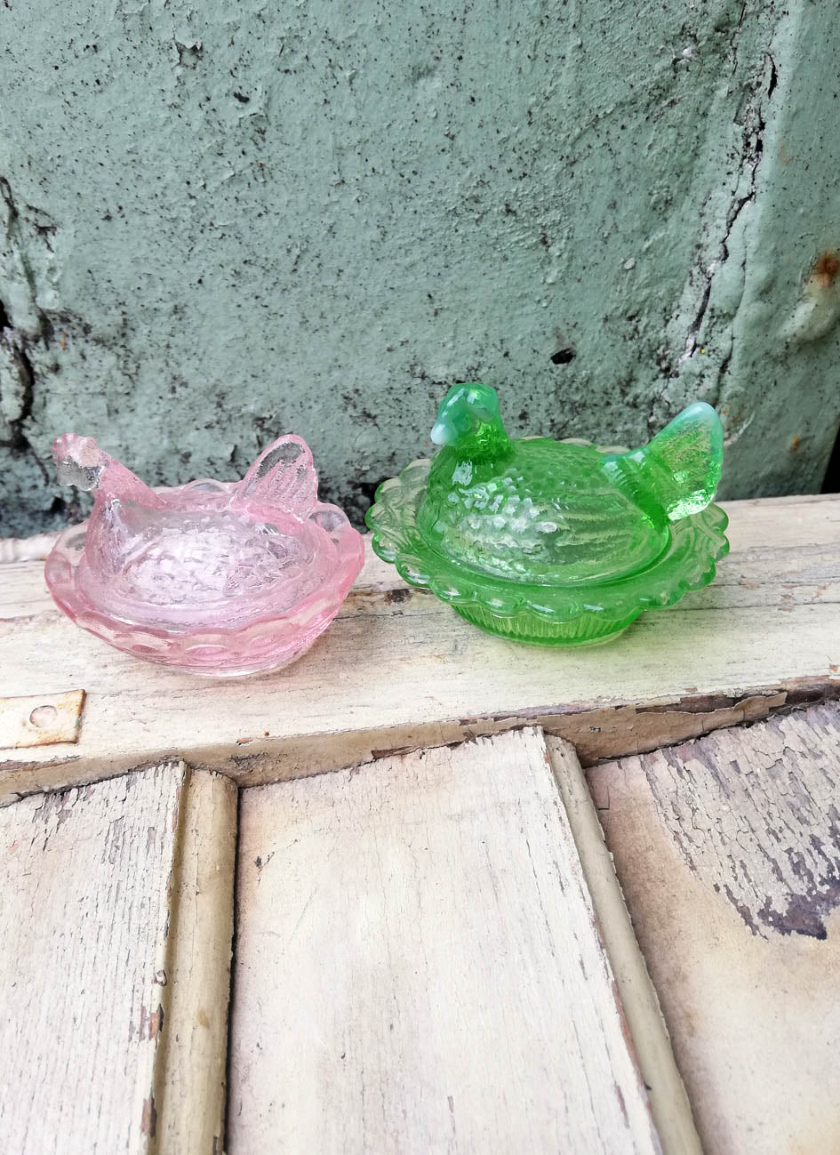 Reserved for Julie Rare french vintage glass chicken salt and pepper pots