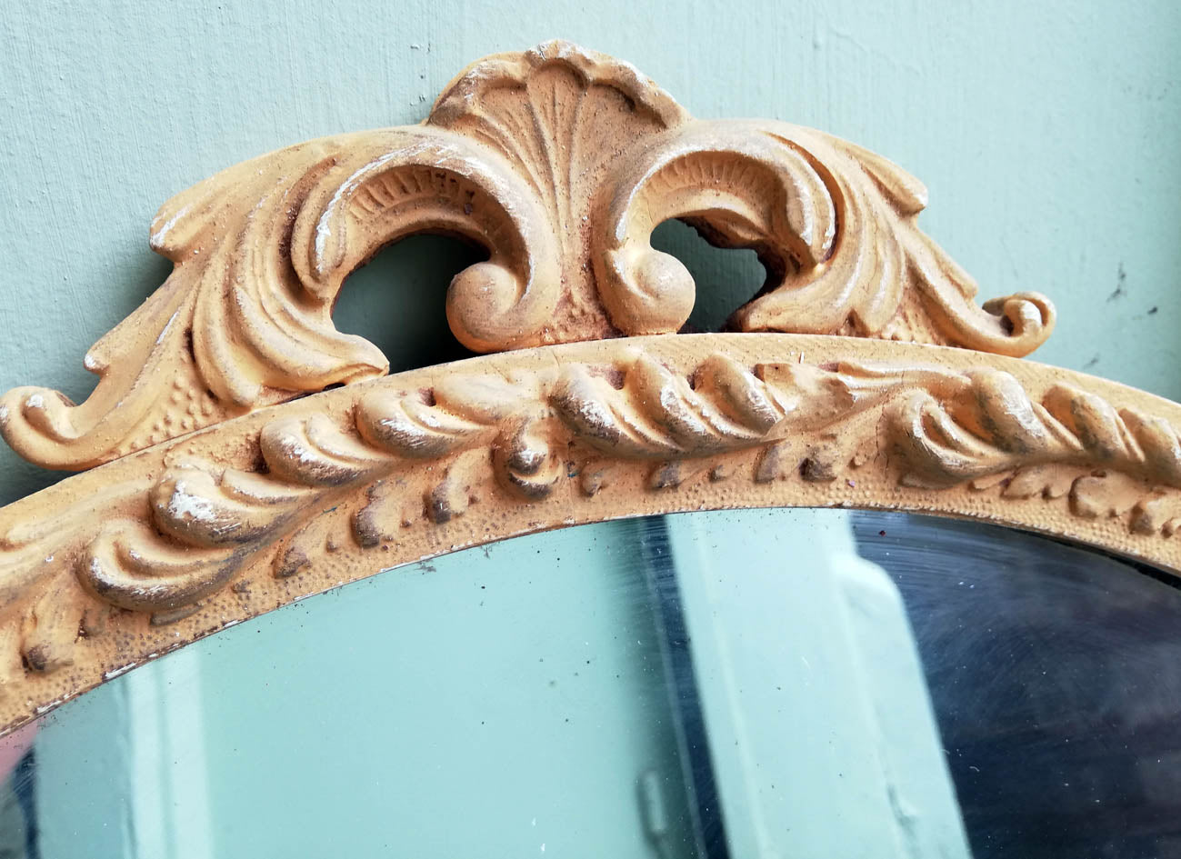 Beautiful painted vintage ornate mirror in soft mustard yellow