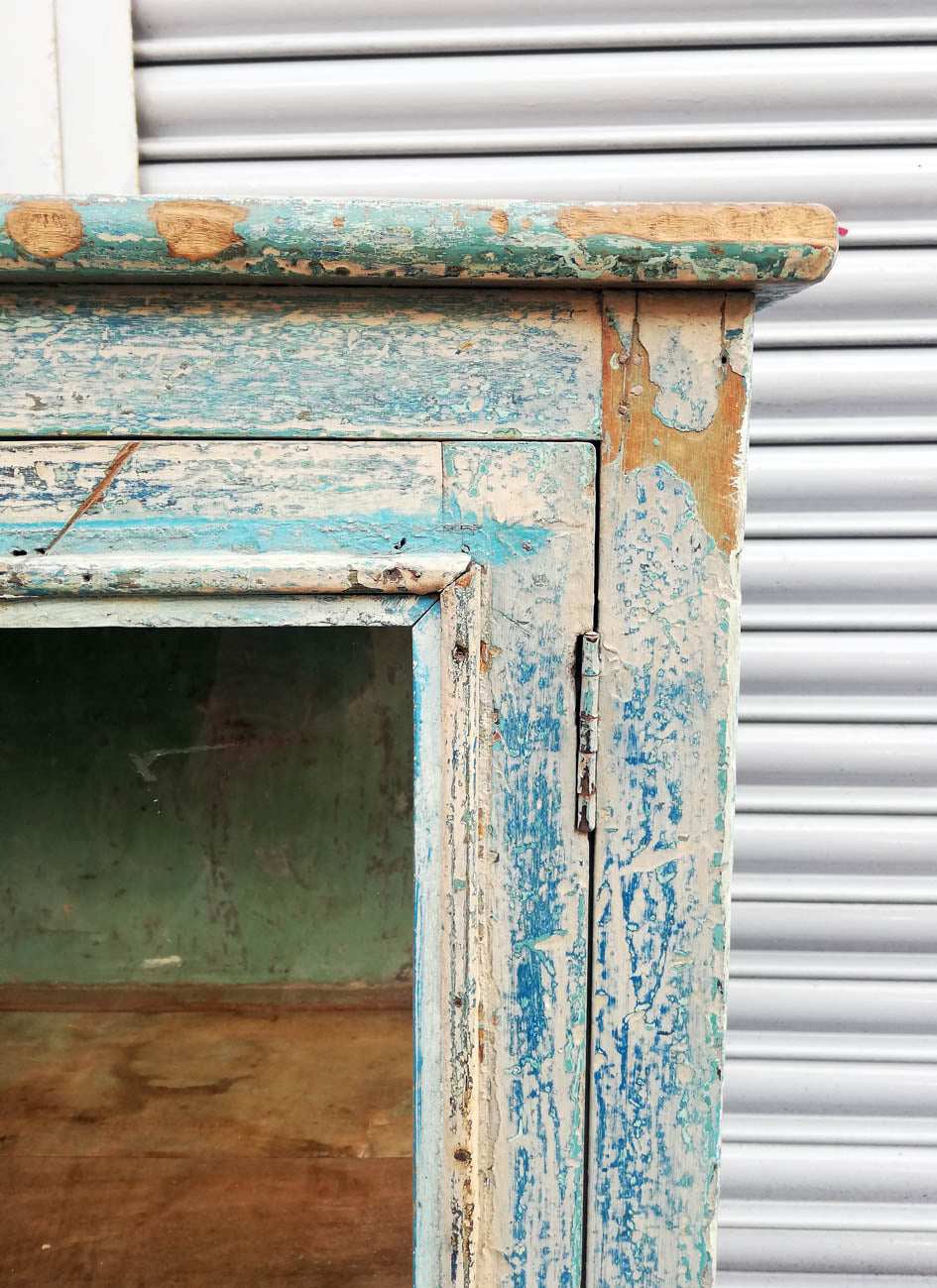 RESERVED Stunning Antique 1920's teak wood glass fronted cabinet with original chippy blue and green paint finish