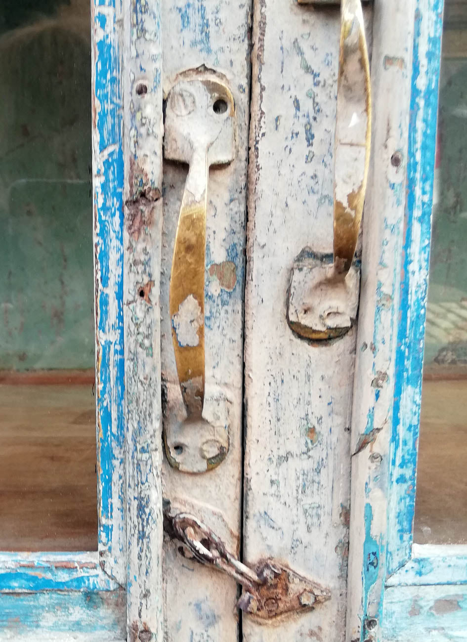 RESERVED Stunning Antique 1920's teak wood glass fronted cabinet with original chippy blue and green paint finish