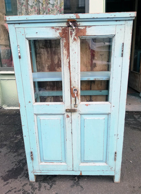 Stunning Antique 1920's teak wood glass fronted cabinet with original chippy blue paint finish