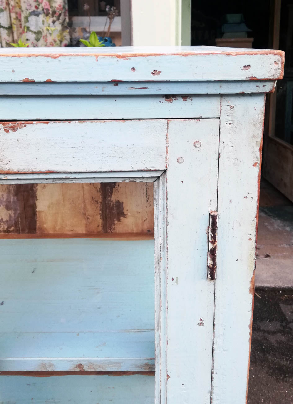 Stunning Antique 1920's teak wood glass fronted cabinet with original chippy blue paint finish