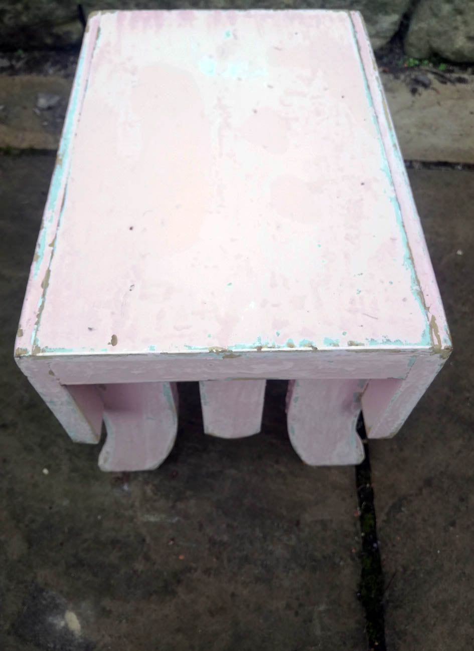 Reserved cute little vintage step stool in original chippy turquoise and pink paint