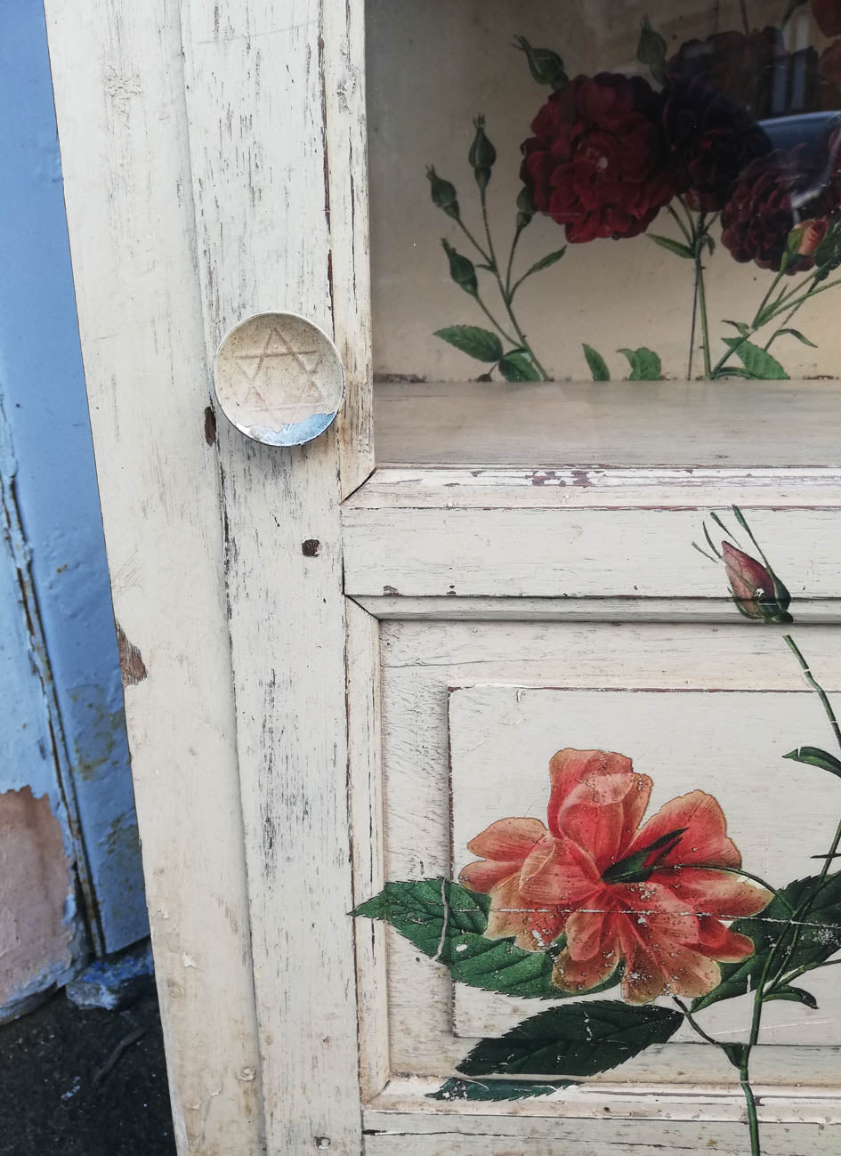 Antique teak wood painted wall unit with floral rose design