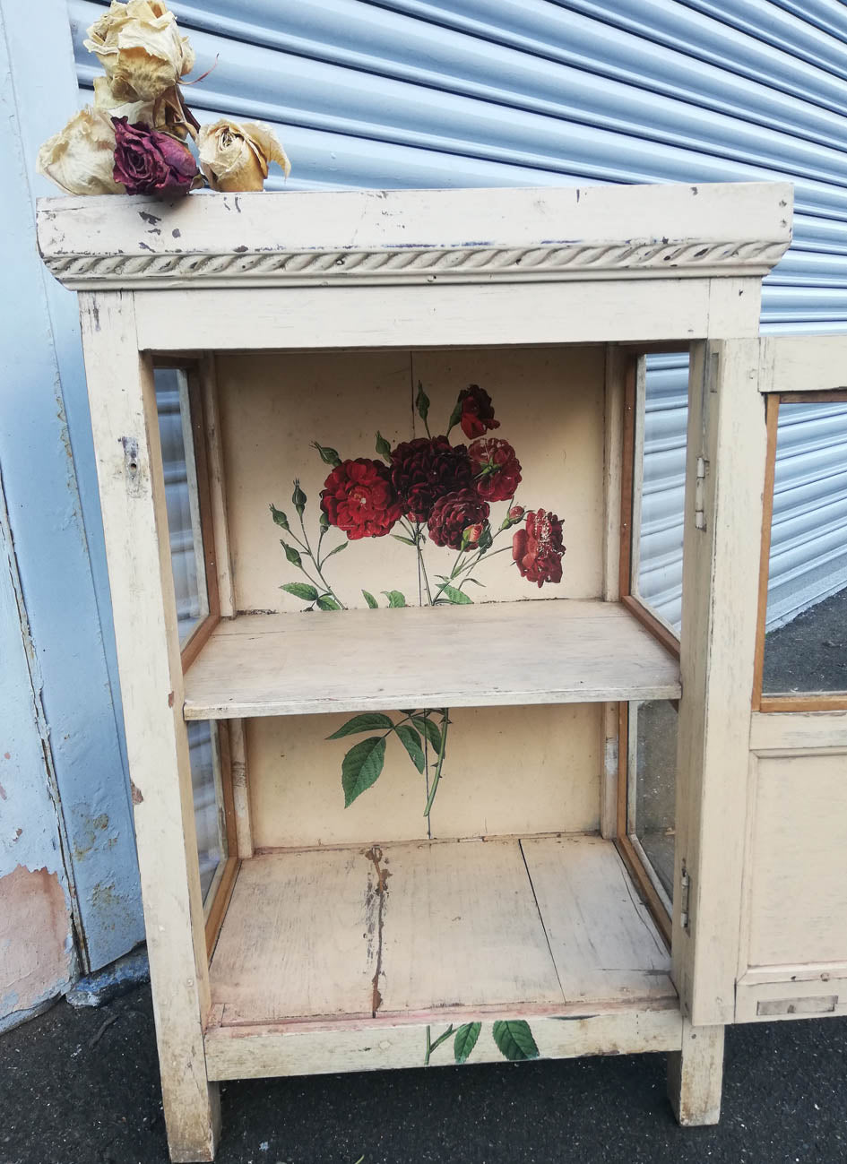 Antique teak wood painted wall unit with floral rose design
