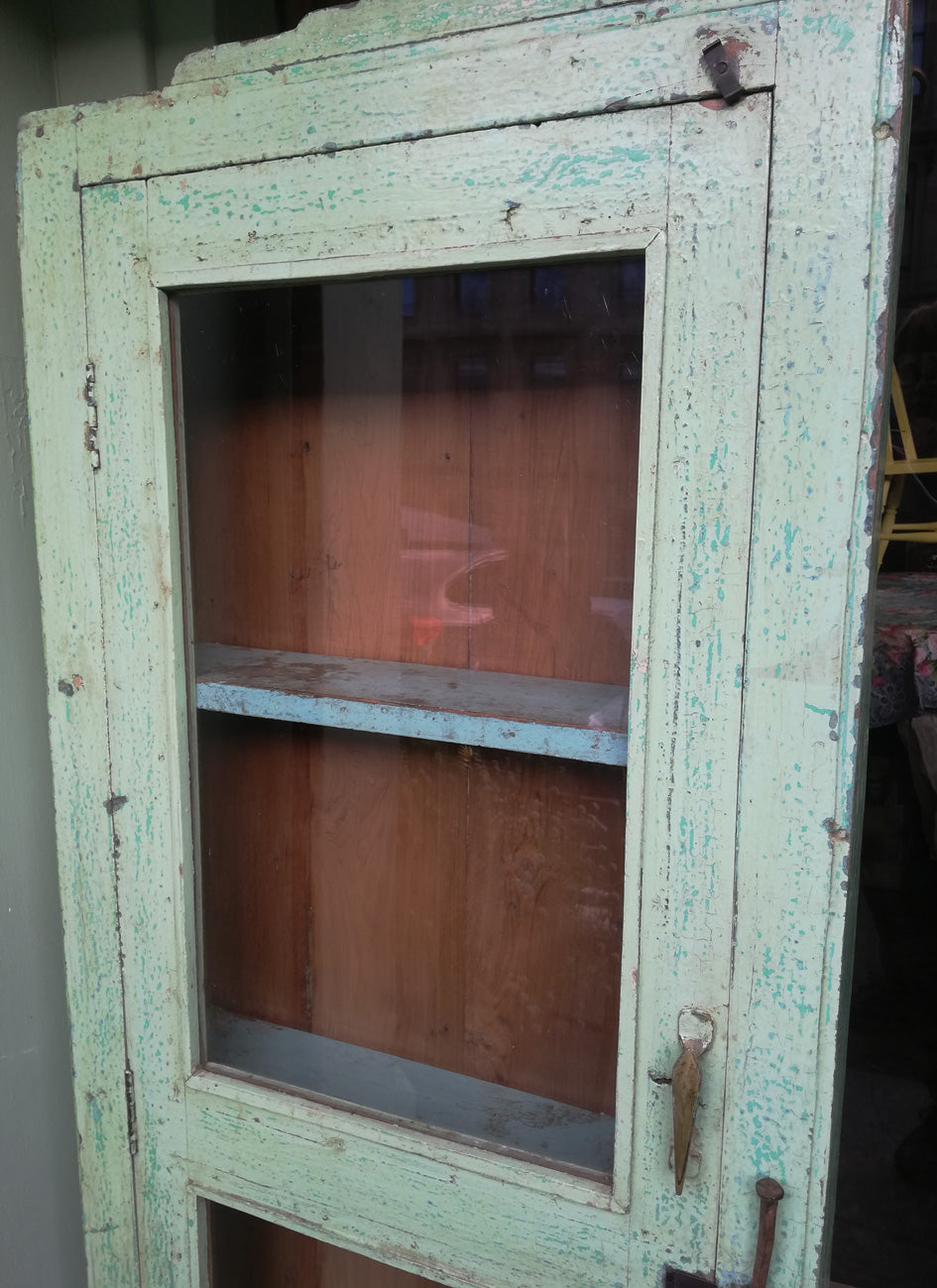 Beautiful Indian antique teak painted glass fronted wall cabinet with original green chippy paint