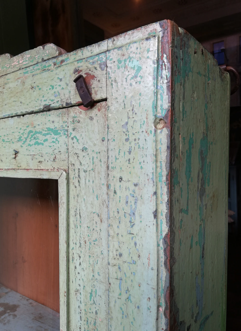 Beautiful Indian antique teak painted glass fronted wall cabinet with original green chippy paint