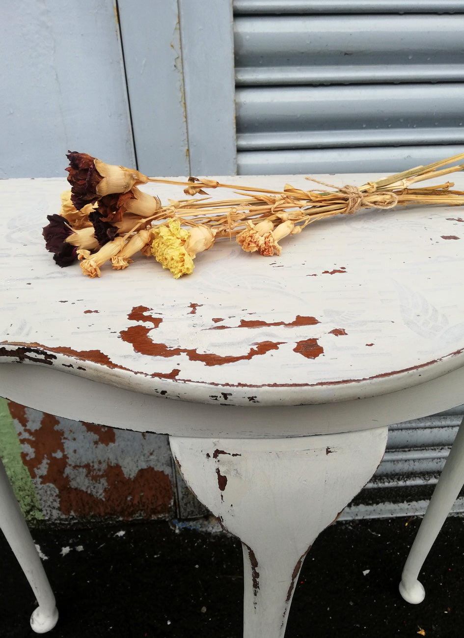 RESERVED Half moon table painted in chippy Miss Mustard Seed Milk Paint Grainsack
