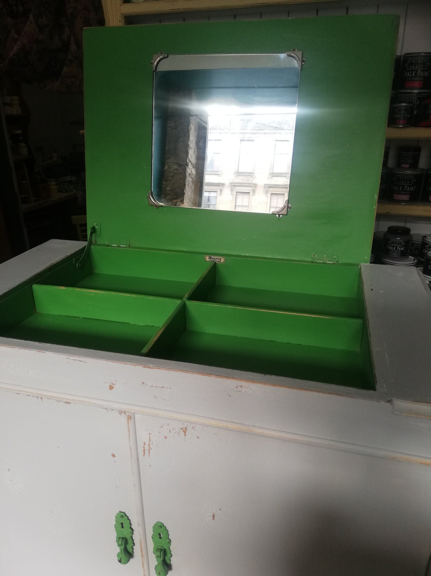 Reserved for Jed Vintage tallboy shabby chic cabinet painted in grey and green