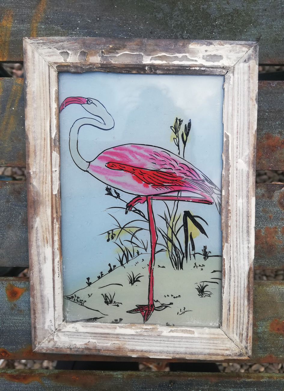 Vintage glass painting of a flamingo in a beautiful original frame