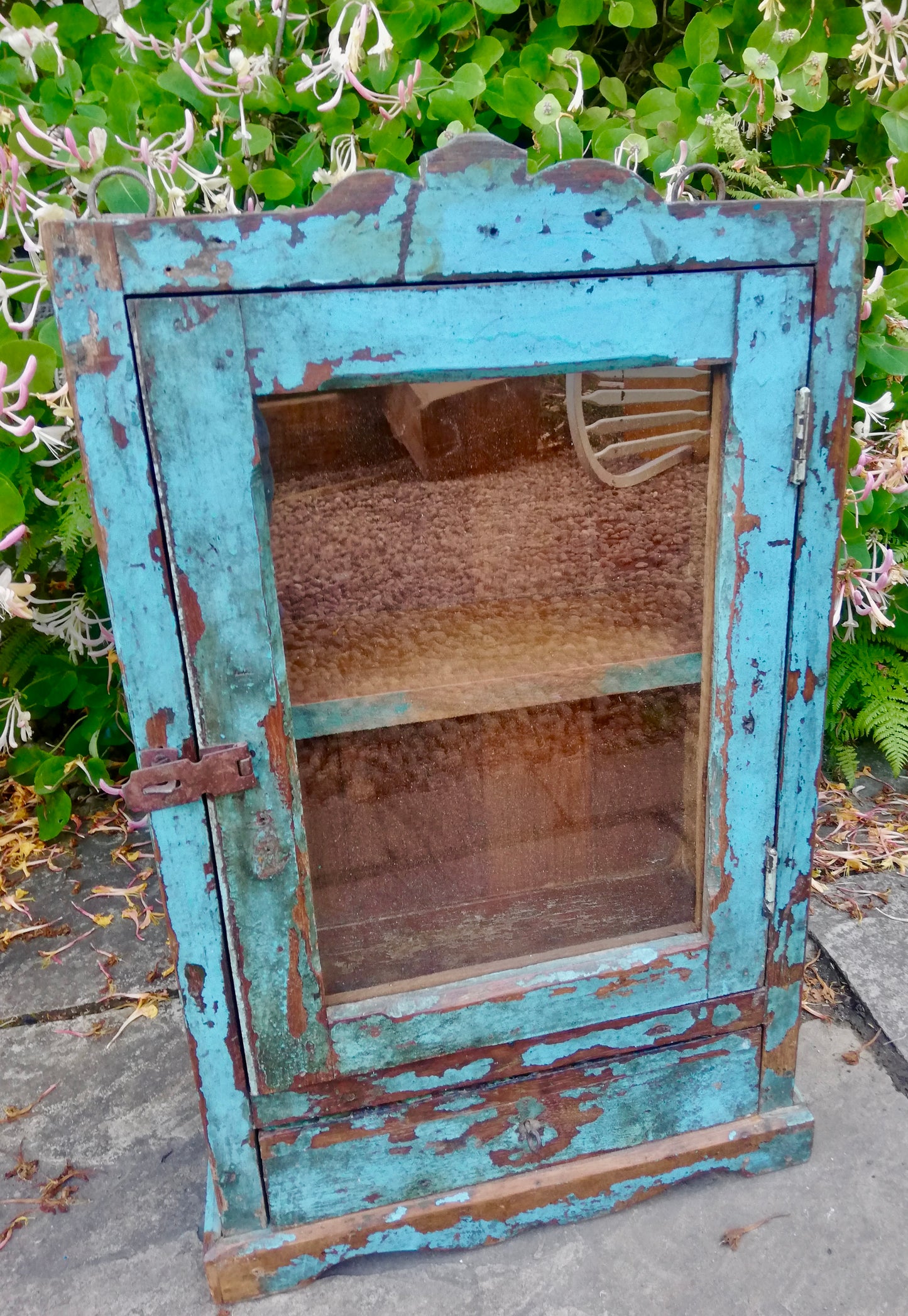 Beautiful antique teak painted glass fronted Indian wall cabinet with original blue chippy paint