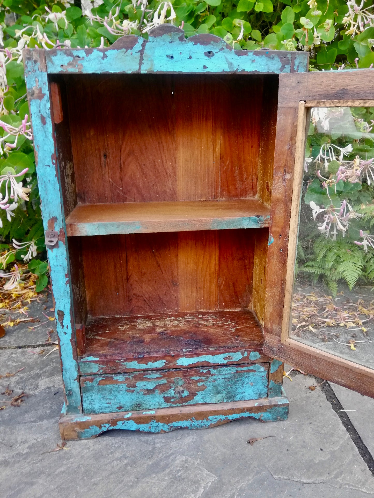 Beautiful antique teak painted glass fronted Indian wall cabinet with original blue chippy paint