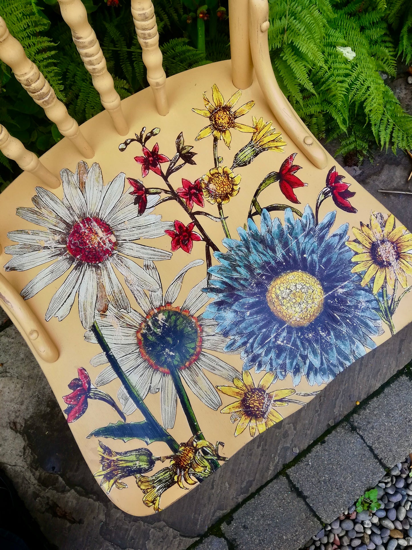Commission for Sarah Painted Folksy chair with IOD wildflowers