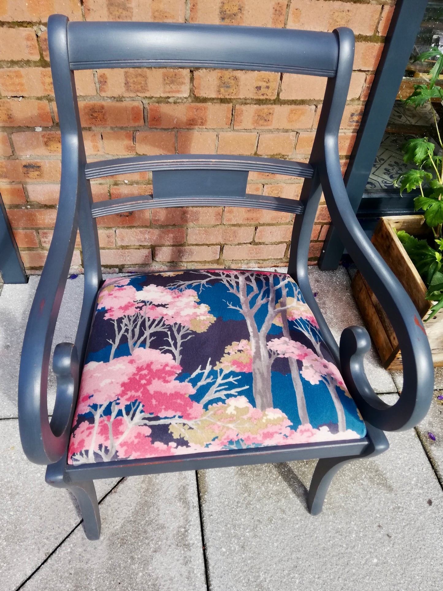 Vintage carver chair painted in Steel Grey and upholstered in beautiful velvet