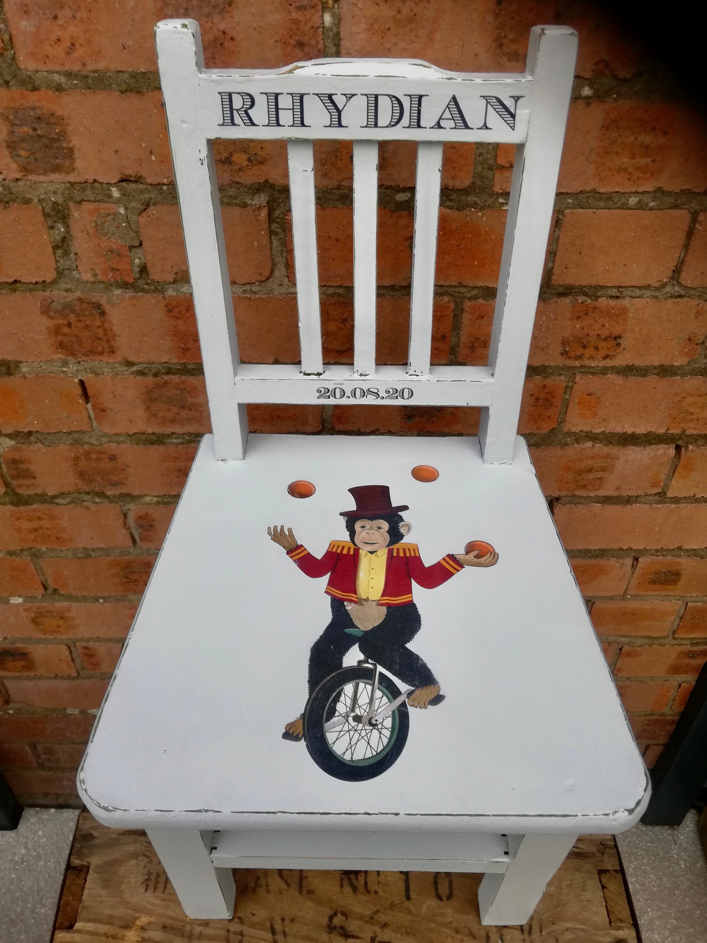 Children's personalised upcycled wooden school chair - vintage circus theme