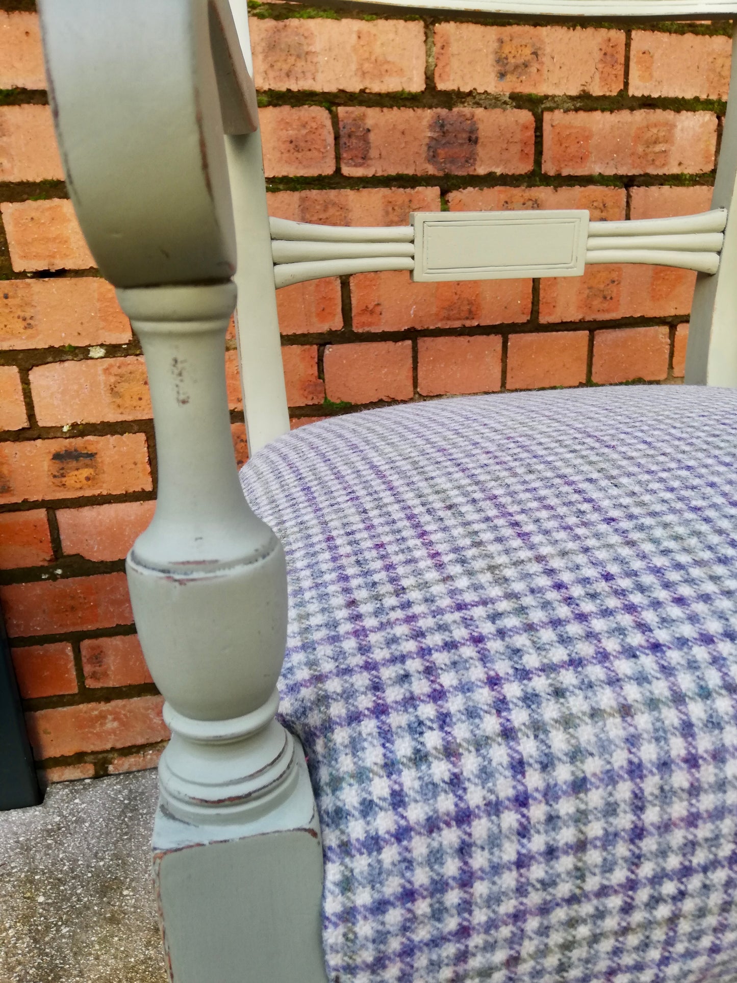Vintage carver chair painted in Lichen and upholstered in beautiful moon fabric