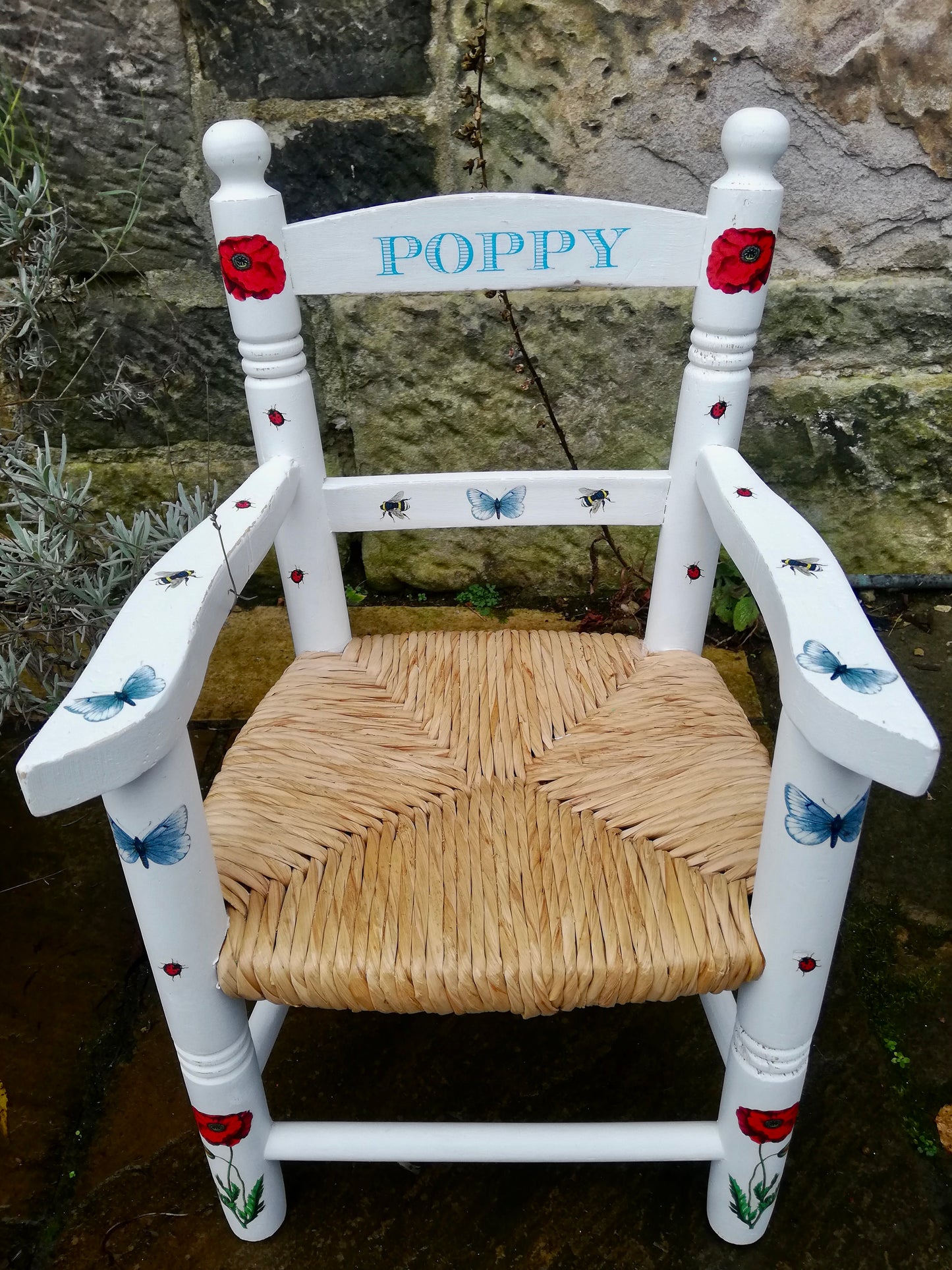 Commission for Emma personalised children's chair with poppy daisy bees and butterfly theme