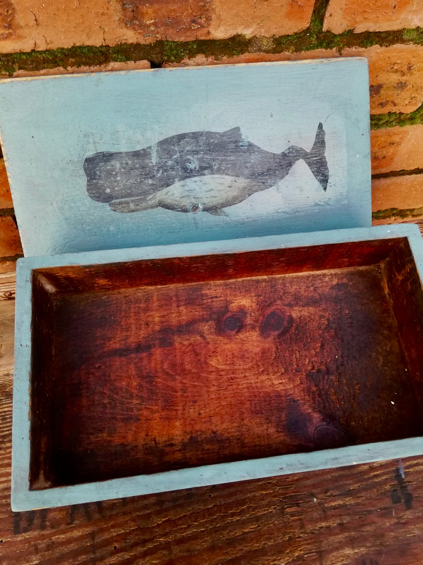Vintage wooden box with whale design