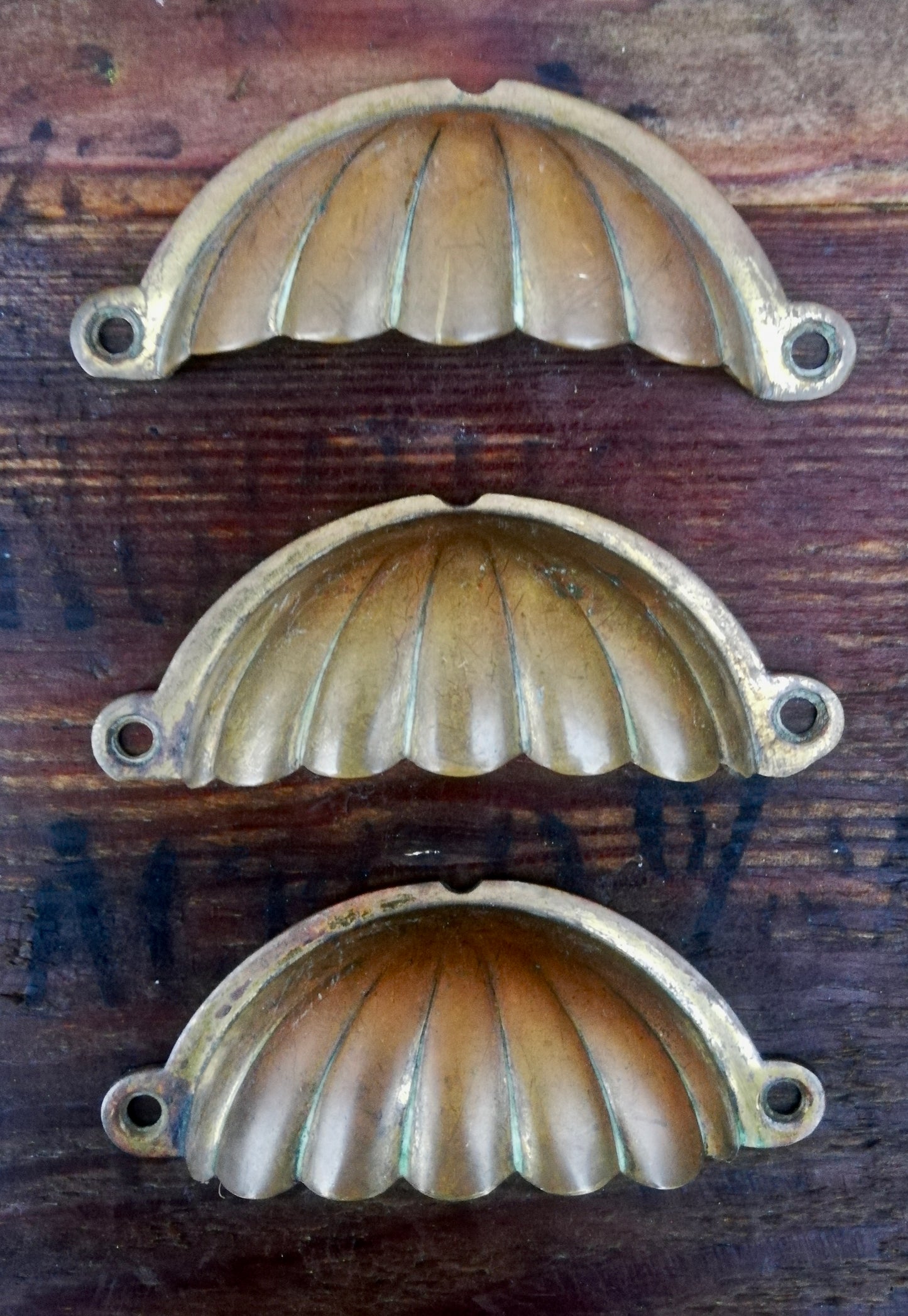 Set of 3 vintage brass shell cup handles