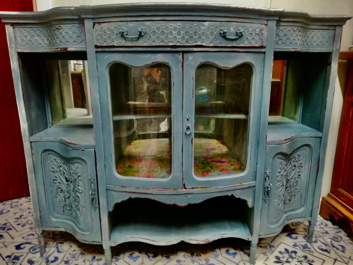 Vintage sideboard painted in layers of miss mustard seed milk paint in ironstone and aviary