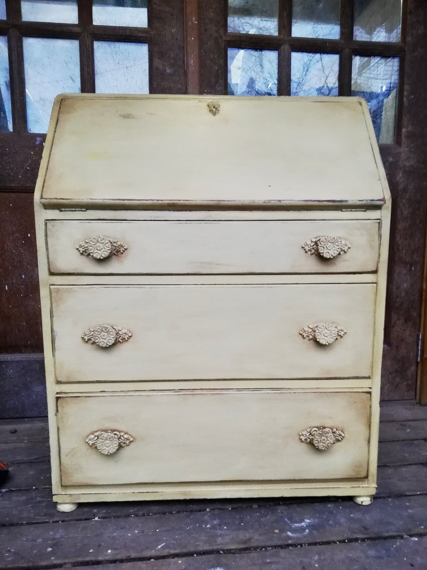 Vintage writing bureau painted in soft creamy yellow and antique waxed to finish