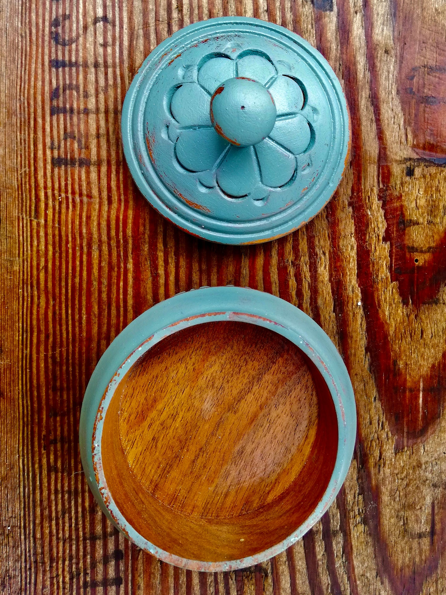 Little Carved wooden box painted in a custom colour of miss mustard seed milk paint.