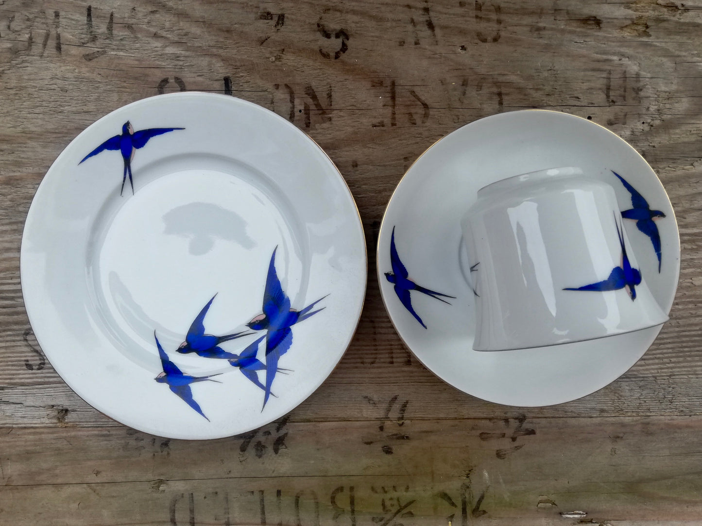 Vintage white swallow design teacup and side plate