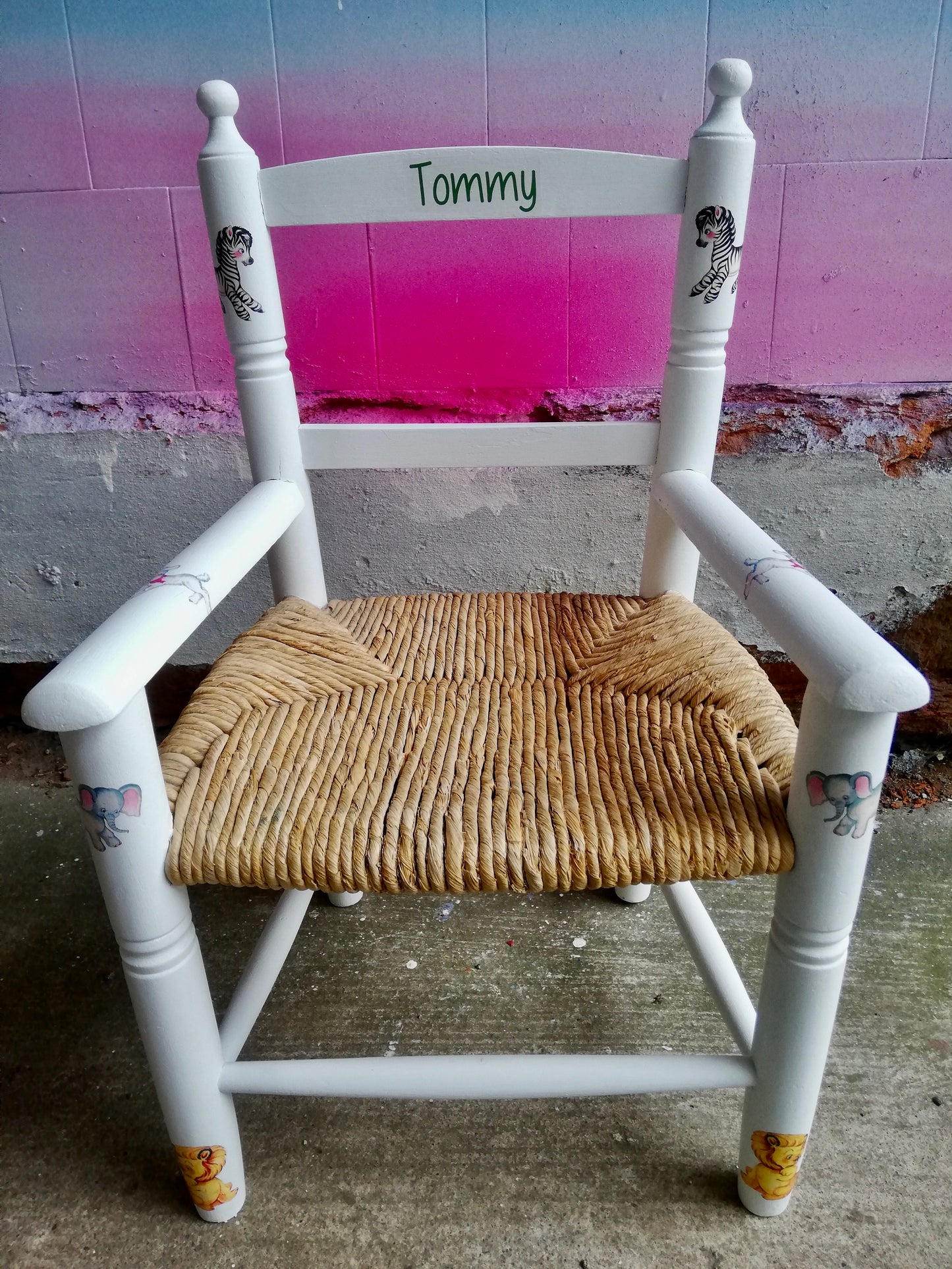 Rush seat personalised children's chair - cute retro animals theme - made to order